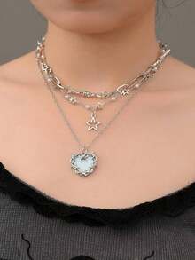 2pcs Multi-Color Retro Dark Punk Style Multi-Layered Rice Bead Metal Thorn Heart Star Pendant Necklaces, Valentine's Day Gift For Female Friends Valentines,Mom,Mother,Mother's Day,Gift - Bộ 2 dây chuyền nhiều lớp - Xem 7