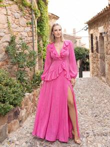 Vestido elegante de mujer con cuello en V profundo, mangas de linterna largas, ribete de volantes, vestido de noche con flujo de línea A, diseño sin espalda - Rosa Fucsia - Ver 3