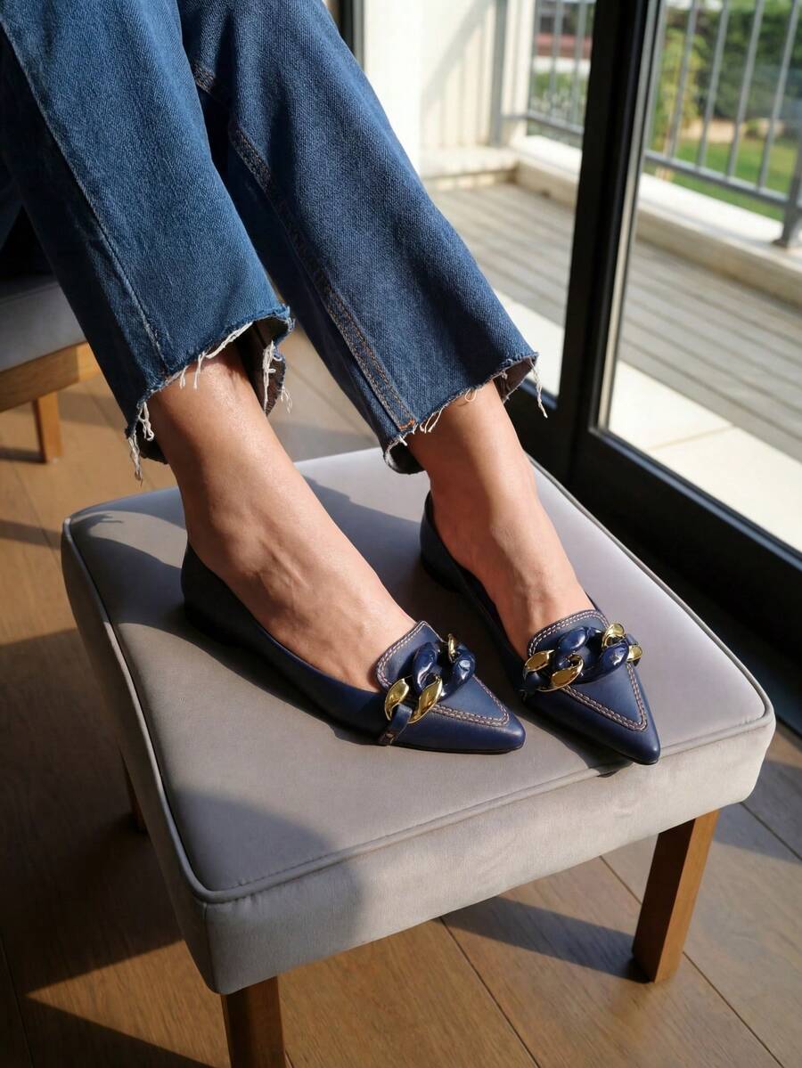Michelle Navy Blue Pointed Toe Moccasin Shoes | Color Chain In The Middle – Comfortable, Casual - 藏蓝色 - 查看 1