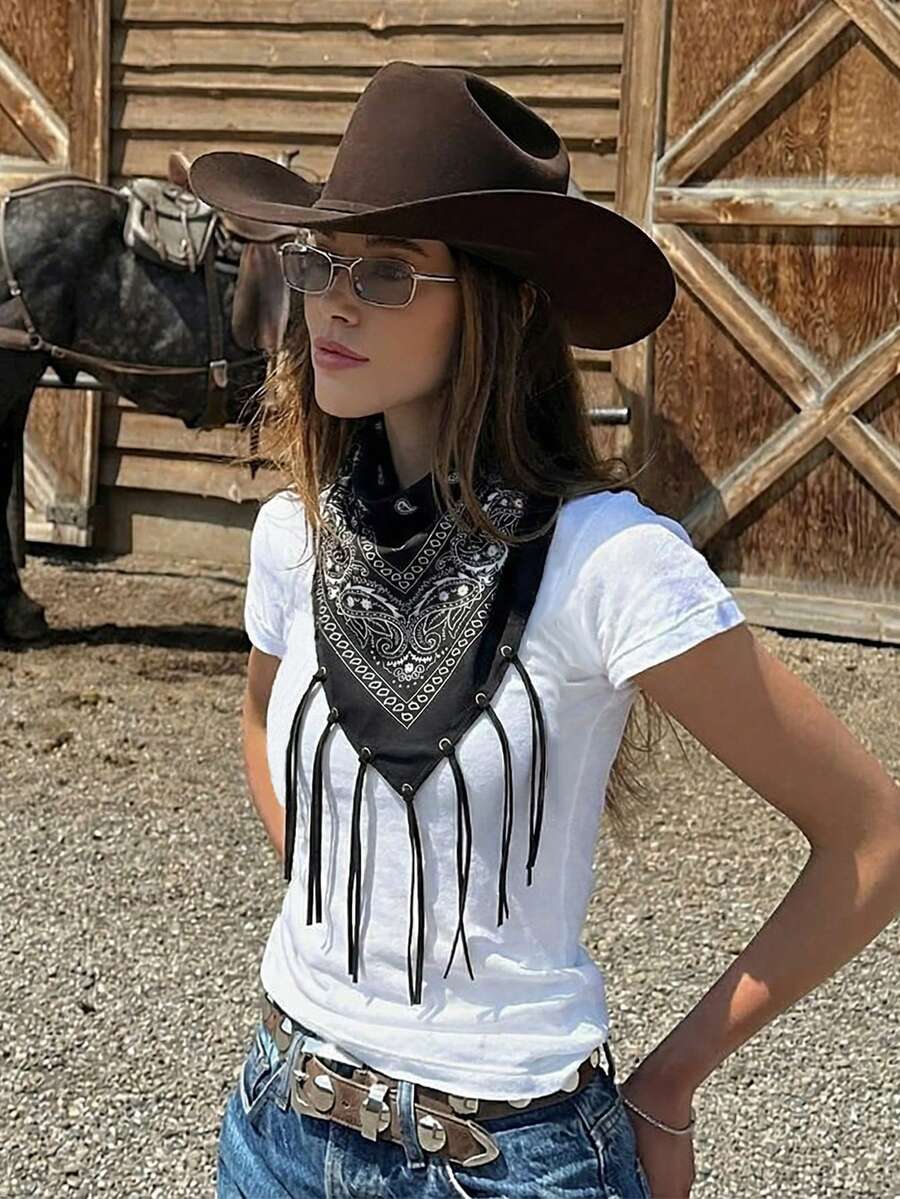 1条女士时尚牛仔印花西部风头巾，百搭日常佩戴 - 黑色 - 查看 1