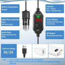Calentador de acuario sumergible pequeño con pantalla digital y alimentación por USB de 10 W, mini calentador para pecera - Negro - Ver 7