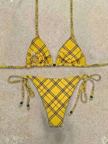 Yellow And Black Checkered Triangular Cup Side Tie Two Pieces Bikini Set,Sexy Elegant Women's Summer Leisure Beach Vacation Party Fashionable Swimwear - Multicolor - View 2