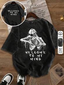 大码女式水洗棉短袖T恤，骷髅标语印花，复古宽松版型，Y2K街头风休闲黑色 - 黑色 - 查看 1