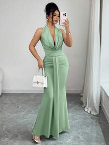 abyoxi 女士鼠尾草绿露背扭结前褶皱修身美人鱼长裙，春夏优雅派对长裙 - 豆綠色 - 查看 4
