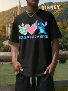 This 2-Piece Men's White Crew Neck Short-Sleeved T-Shirt And Drawstring Shorts Set Features A Disney "Keep The Love Stitch" Lettering And Lilo & Stitch Graphic Print. This Breathable And Comfortable Summer Casual Set Makes A Great Gift For Men. - Đen + Đen - Xem 1