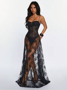 女士蕾丝透视性感派对/情人节内衣连衣裙，带衬垫文胸和连体衣设计，散发神秘魅力，适合婚礼宾客、鸡尾酒会等场合，春季黑色款 - 黑色 - 查看 6