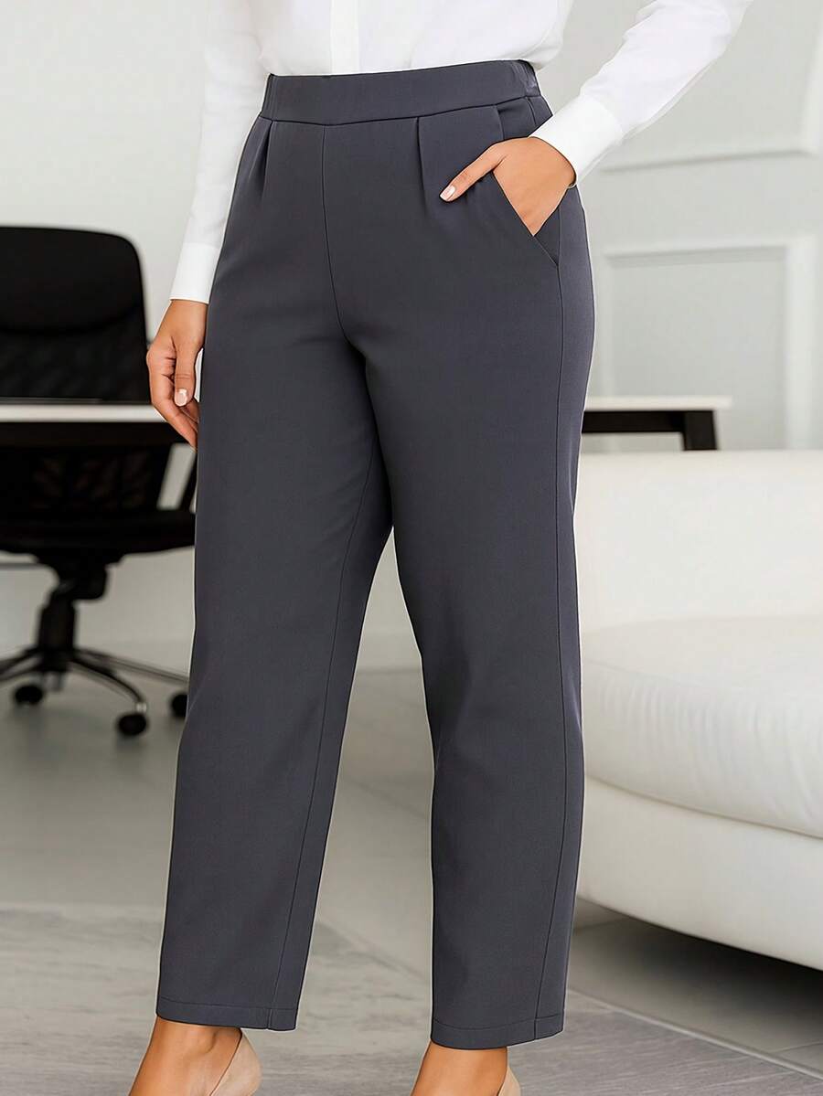 Plus Size Women's Solid Color Pocket Casual Pants, Suitable For All Seasons Spring - Dark Grey - View 1