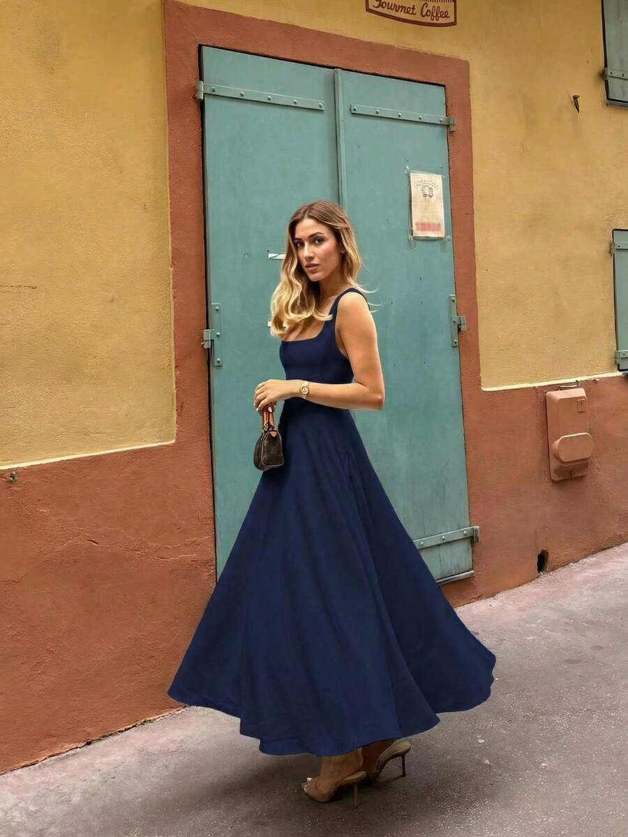 Floreya Solid Color Casual Elegant Woven Fabric Zipper Dress For Evening Date Holiday Wedding Spring Summer - Navy Blue - View 1