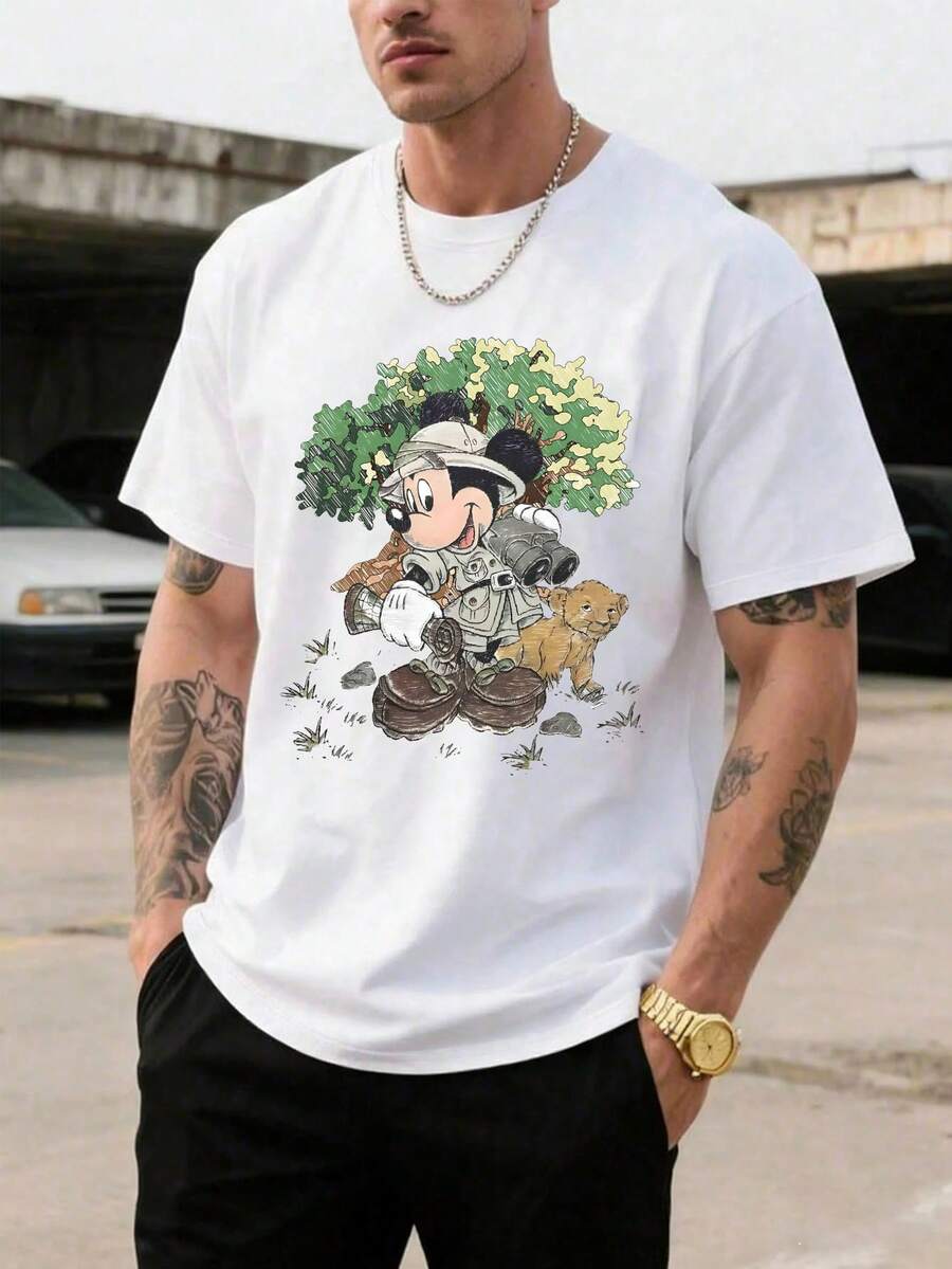 Men's Disney Casual T-Shirt, Mickey Mouse Adventure Print, Nature Design, Comfortable Soft Fabric, Ideal For Outdoor & Theme Park Wear - White - View 1