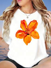 Women's White T-Shirt With Orange Flower Print Casual Summer Top Loose Fit Short Sleeve BlouseLadies' Outdoor T-Shirt, 220g - 白色 - 查看 1