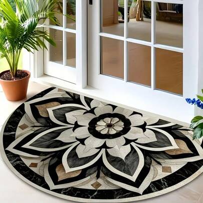 1pc Bohemian Mandala Welcome Mat - Black & Beige Mandala Pattern Doormat, Soft Entrance Mat, Suitable For Entryway, Bathroom, Kitchen, Hallway, Garden - Washable & Foldable Rug, Home Decor Carpet, Holiday Decoration