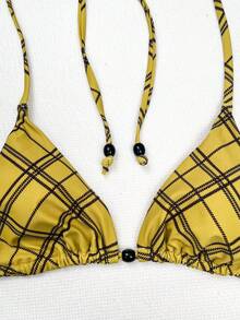 Yellow And Black Checkered Triangular Cup Side Tie Two Pieces Bikini Set,Sexy Elegant Women's Summer Leisure Beach Vacation Party Fashionable Swimwear - Multicolor - View 6