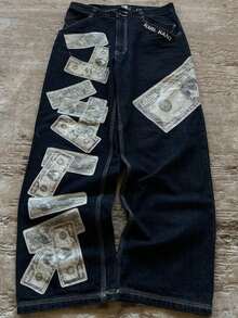 Y2K Baggy Jeans Harajuku Money Print High Waist Wide Leg Streetwear Pants Hip Hop Embroidered Denim Trousers - 黑色 - 查看 7