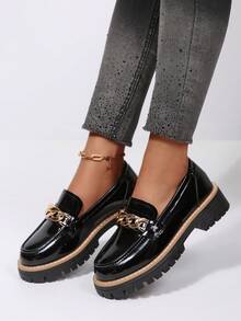 Giày lười nữ đế dày, mũi tròn, da bóng màu đen, thích hợp đi làm hàng ngày, đi học, phù hợp cho mọi mùa. - màu đen - Xem 3