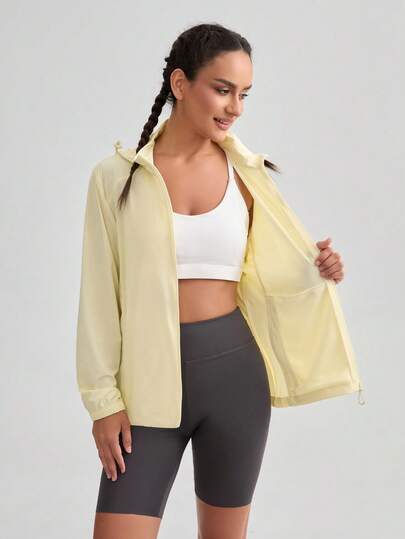 Chaqueta con capucha de manga larga minimalista y casual de unicolor para mujer