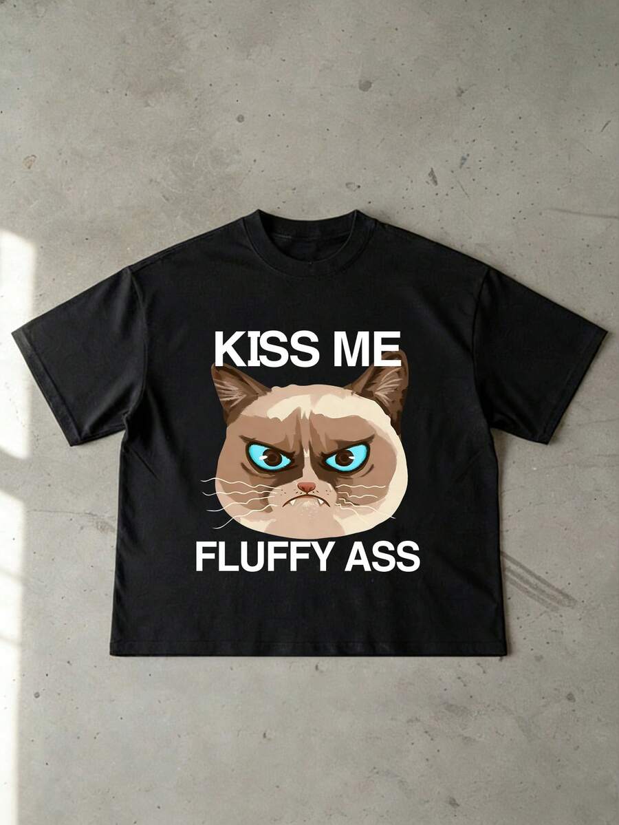 Men's Minimalist Cat Graphic Print Round Neck Short Sleeve T-Shirt, Summer - Black - View 1