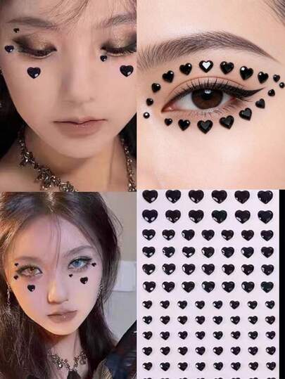 Black Heart-Shaped Rhinestone Face Jewels, Rhinestone Face Stickers, Facial Gems For Concerts, Children's Day Stage Makeup Decorations, Self-Adhesive Suitable For Girls And Women
