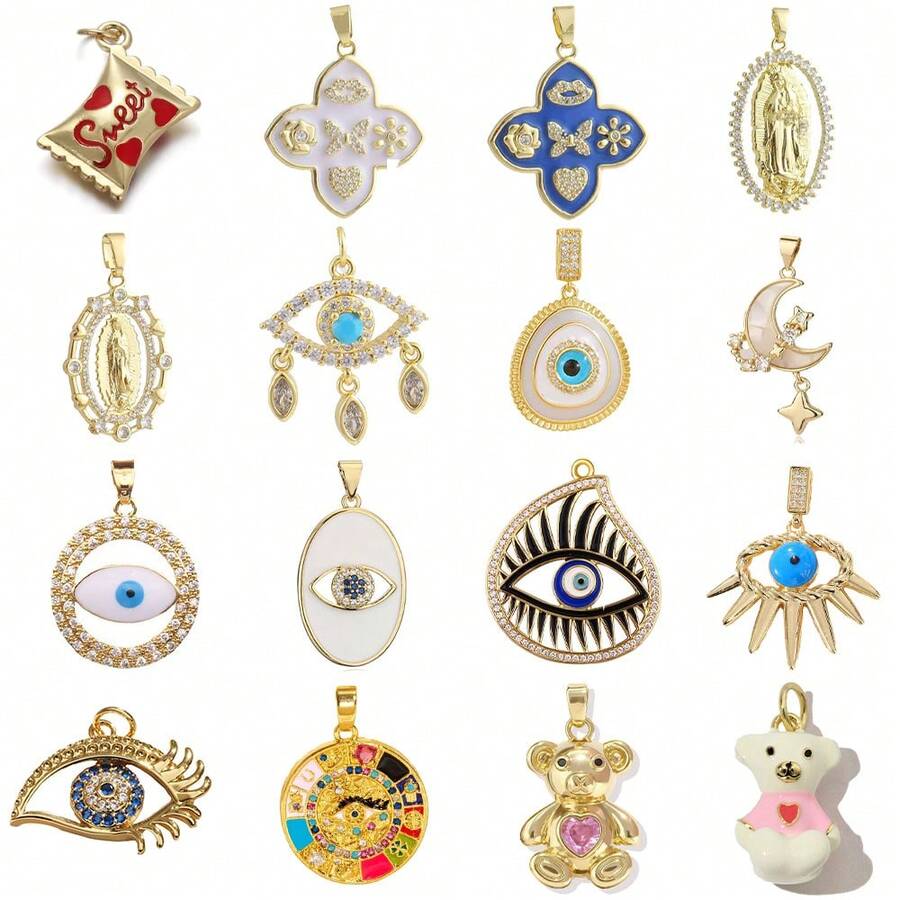 1pc Copper Micro-Inlaid Zirconia Personalized Hip-Hop Luxury Four-Leaf Clover Devil's Eye Pendant, Versatile DIY Bracelet Necklace Earring Accessory Handmade Charm - Multicolor - View 1