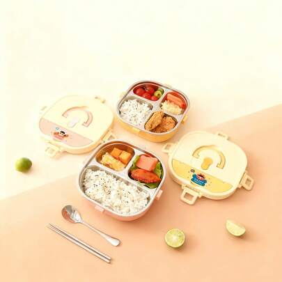 850/900ML 3/4 Compartments Portable Lunch Box With Cutlery & Handle , Cute Pattern Sealed Leak Proof 304 Stainless Steel Lunch Container Set, Large Capacity Divided Benot Box, Food Storage Container, Microwave&Dishwasher , Hot Water Heatable, Suitable For Student And Adult Use In School, Office, Outdoor Camping, Picnic, Travel