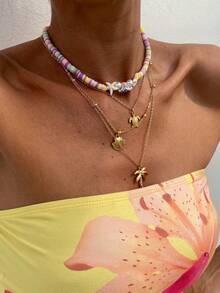 2pcs/Set Seaside Holiday Style Starfish, Shell, Plumeria Pendant Necklace, Elegant Luxury Vacation, Casual Daily, Party, Couple Date, Women's Festival Birthday Versatile Jewelry Gift - Necklace - View 3