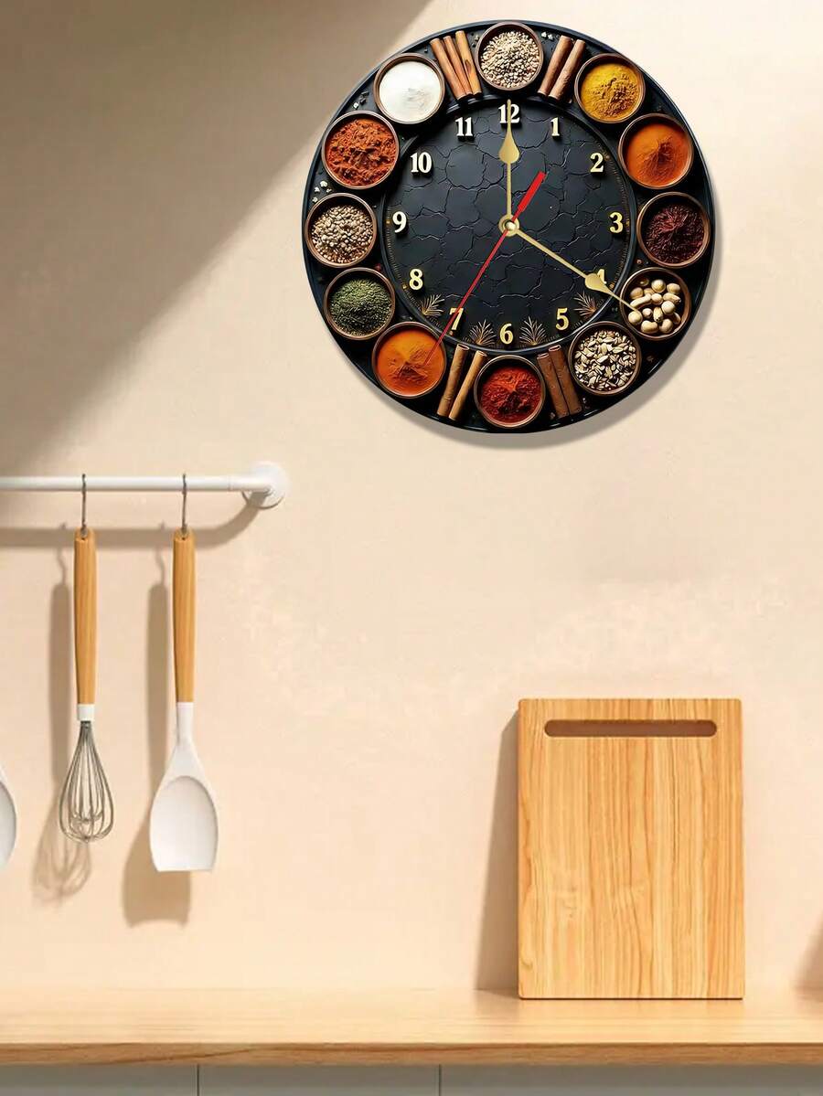 10/12 Inch Silent Round Clock, Decorated With Various Spices And Seasonings, Made Of Wooden Material, Equipped With Quartz Movement, Mixed Tone With Gold Accents, Battery Operated (AA Batteries Not Included), Suitable For Bedroom, Kitchen, Study - 1PC - View 1