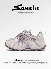 somiliss 女款厚底時尚粗跟運動鞋，個性化雙鞋帶軟底輕量休閒鞋，百搭日常通勤戶外走路鞋，2026秋季新款隱形6cm增高鞋，紫色 - 紫色 - 查看 4