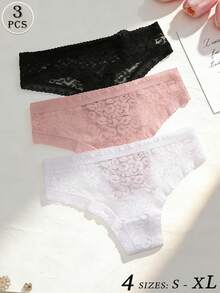 Conjunto de 3 peças de lingerie feminina sexy, cintura baixa, sem costura, com estampa de leopardo, renda, cor sólida, confortável e respirável, ideal para o Dia dos Namorados, uso diário, esportes e todas as estações. - Multicolorido - Ver 1