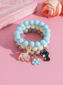 Set de 3 piezas de pulsera de dijes en la serie de colores de dopamina, elegante y versátil. Incluye dijes como un lindo caballo blanco, un gato, elementos con cuentas, adecuado para uso diario, casual, fiestas, festivales de música, vacaciones en la playa. Gran regalo para amigos. - Multicolor - Ver 1