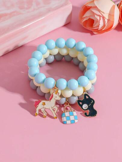 Set de 3 piezas de pulsera de dijes en la serie de colores de dopamina, elegante y versátil. Incluye dijes como un lindo caballo blanco, un gato, elementos con cuentas, adecuado para uso diario, casual, fiestas, festivales de música, vacaciones en la playa. Gran regalo para amigos.