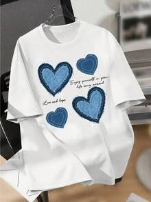 Loose-Fitting Round-Neck T-Shirt For Women With Heart Print, Lightweight Pullover For Spring And Summer, Short-Sleeved Casual Sports Top. - White - View 1
