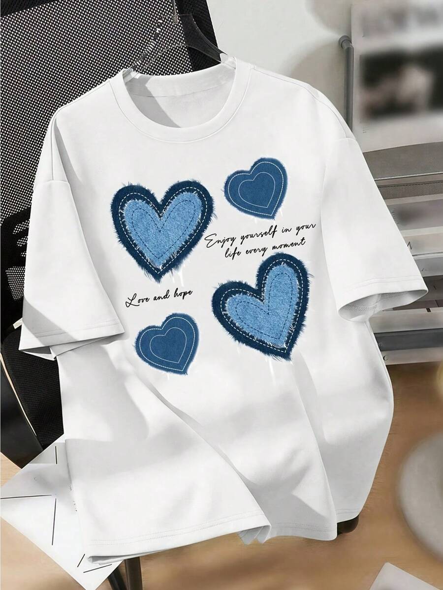 Loose-Fitting Round-Neck T-Shirt For Women With Heart Print, Lightweight Pullover For Spring And Summer, Short-Sleeved Casual Sports Top. - White - View 1