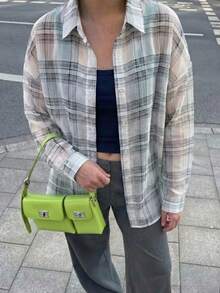 1件女士夏季格子长袖轻薄透气休闲衬衫，适合海滩、度假、日常穿着和约会。 - 白色 - 查看 6