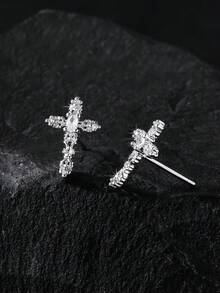1 Pair Unisex Copper Inlaid Diamond Cross Earrings, Multi-Style Hollow Religious Cross Hypoallergenic Earrings, Punk Street Style Layered Earrings Suitable For Party And Daily Wear - Multicolor - View 16