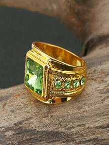 1pc Men's Fashion Elegant Light Green Zirconia Ring, Wedding Engagement Party Jewelry Gift - Gold - View 3