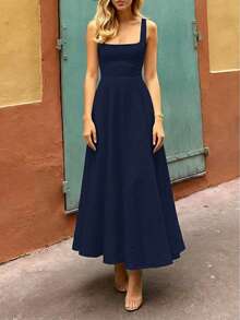 Floreya Solid Color Casual Elegant Woven Fabric Zipper Dress For Evening Date Holiday Wedding Spring Summer - Navy Blue - View 3