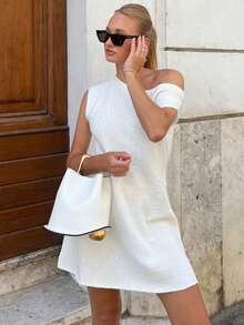 2026 Spring/Summer Women's Casual Long Knit Cover Up & White Mini Dress Set, Asymmetric Neckline Sleeveless Design, Slightly Stretchy, Suitable For Vacation & Beach - Apricot - View 4