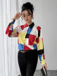 1pc Women's Geometric Plaid Placement Print Shirt, Elegant Collared Long Sleeve Blouse, Comfortable & Breathable, Suitable For Work, Daily Wear, Parties, Weddings, New Year And Other Occasions, An Ideal Gift For Girlfriend, Wife, Mother - Multicolor - View 6