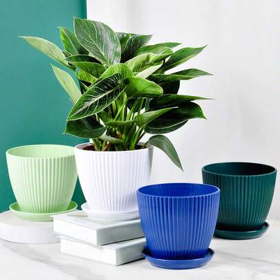 6pcs 6-Inch Round Plastic Planters, Outdoor Garden Flower Pots With Drainage Holes And Trays, Striped Pattern, Polished Surface, Suitable For Succulents, Seedlings, Indoor/Outdoor Plants, Gardening Tools