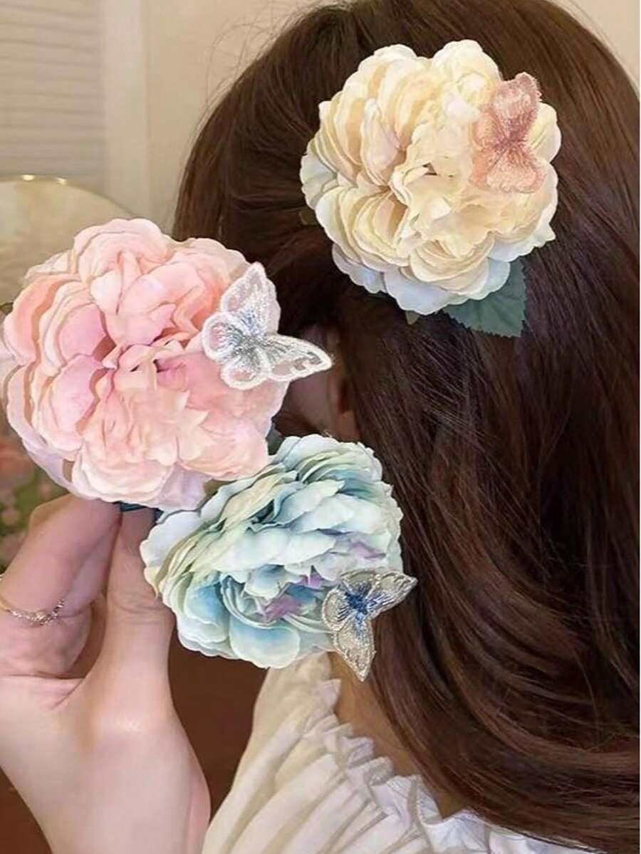 1个优雅芙蓉花仿真发夹，波西米亚风刘海侧夹，女孩发髻夹 - 彩色 - 查看 1