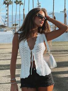 Elegant Women's Wavy Crochet Tie Cardigan, Casual Beach Vacation Style, Hollow Knit Vest/Cardigan, Ladies' Spring/Summer Top, Christmas/New Year - White - View 1