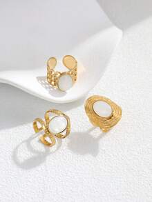 Set de 3 anillos abiertos de acero inoxidable con estilo vintage dorado, adecuados para uso diario de mujeres o como regalo - Amarillo Oro - Ver 4
