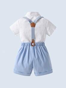 BOARNSEORL 2pcs Young Boys Gentleman Outfit - Short Sleeve Collared Shirt With Bow Tie And Blue Suspender Shorts, Fashionable And Elegant For Birthday Party, Formal Occasion, Wedding, Holiday Events - Màu xanh nhạt - Xem 3