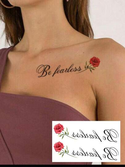 1张玫瑰花英文名言临时纹身贴纸，色彩鲜艳逼真，防水耐用，无畏励志的草书字体，小众清新美学，适合……