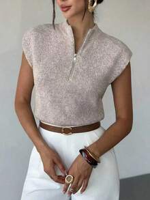 Áo len không tay cổ đứng, khóa kéo, kiểu dáng thanh lịch, đa năng dành cho nữ, hàng mới về mùa xuân/hè, thích hợp mặc đi chơi. - Màu be - Xem 1