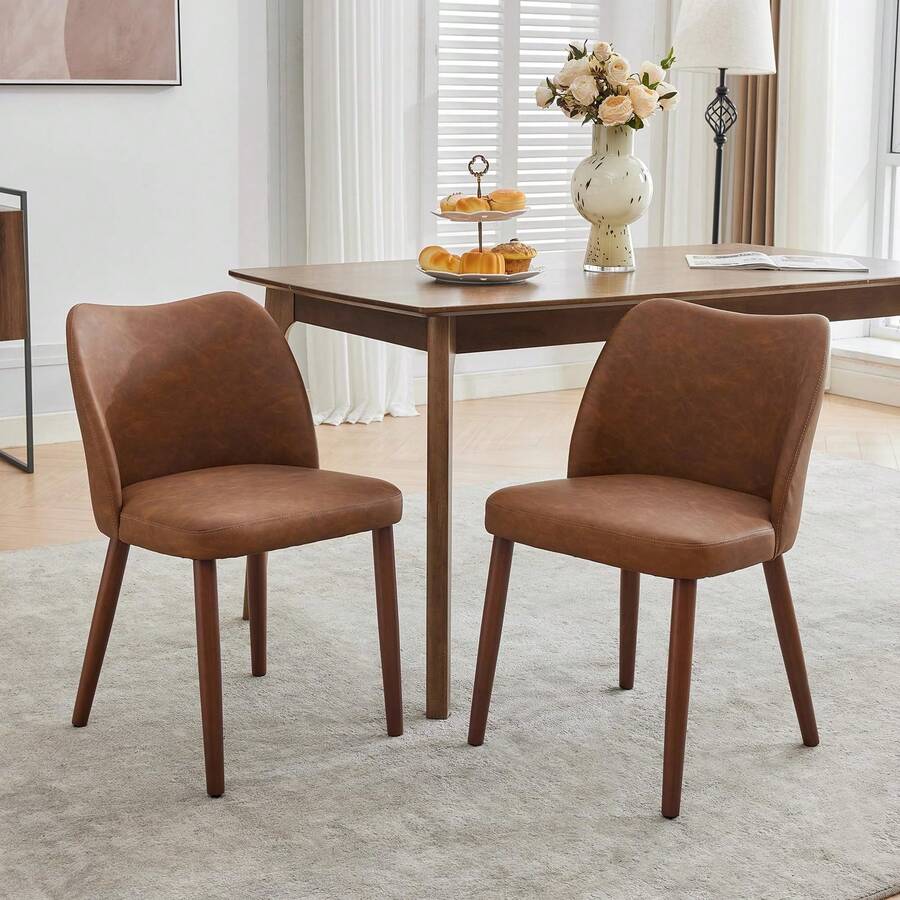 Huisuilinss Dining Chairs Set Of 2,Linen Upholstered Kitchen Chair With Thick Cushions,Wood Dinner Chair With Wood Legs,Wing Backrest,Accent Chair For Dining Room Living Room Kitchen - PU Nâu - Xem 1