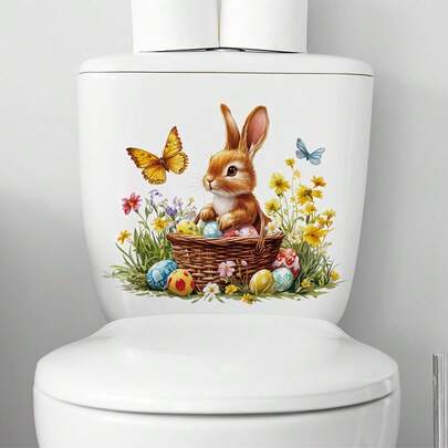 1 pieza Pegatinas de flores de Pascua y conejito para el inodoro, calcomanías de animales autoadhesivas y removibles de PVC resistentes al agua, adecuadas para decorar el baño, el dormitorio, el asiento o el tanque del inodoro.