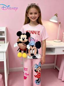 Disney 2pcs Minnie Mouse Young Girls Cartoon Print Short Sleeve Top And Pants Set, Cute & Playful Girls Outfit, Comfortable & Fashionable For Everyday Casual, Indoor/Outdoor, Sports, Vacation, Holidays & Parties - Pink - View 3