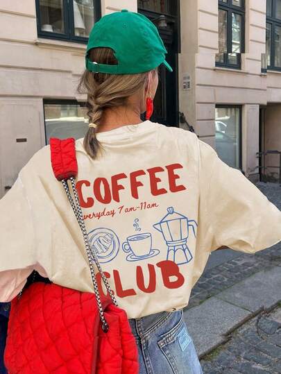 女士新款休闲咖啡色英伦印花圆领白色短袖T恤，简约百搭，适合日常穿着