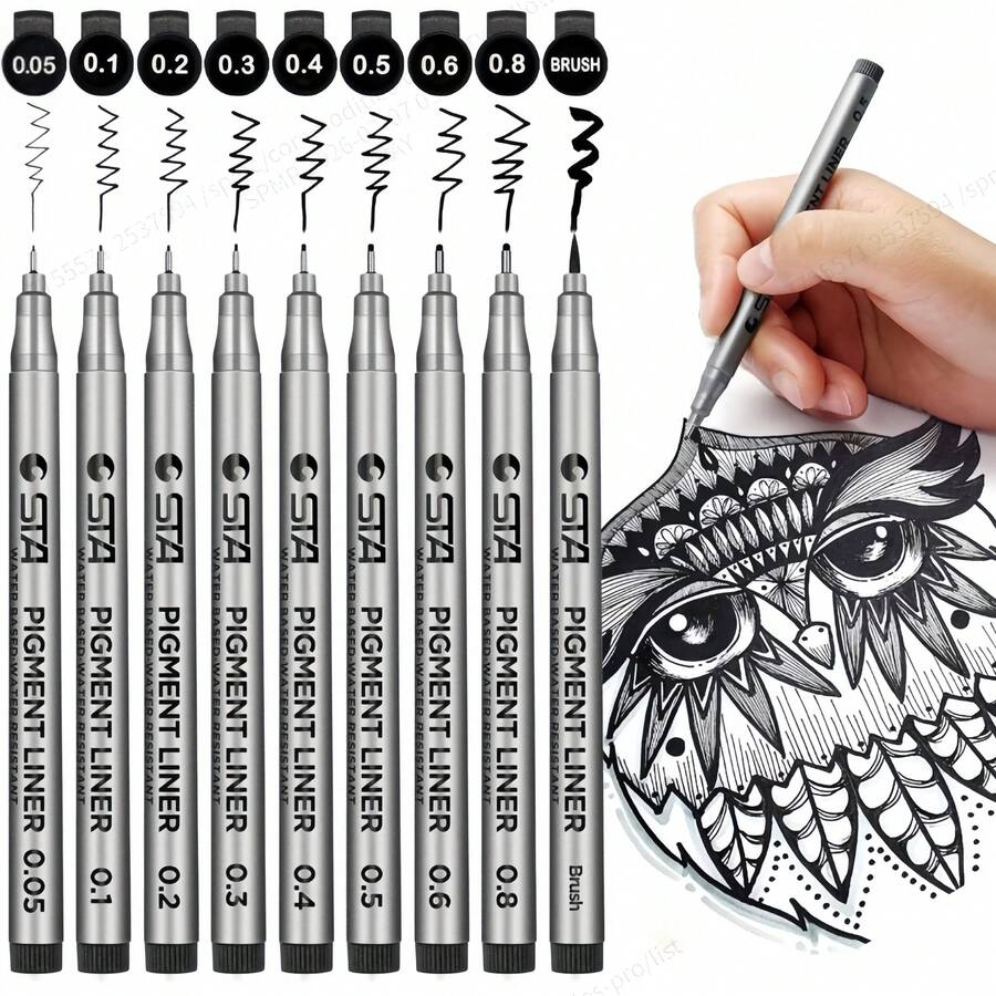 9pcs Black Fine Liner Pens: Ideal For Drawing, Illustration And Waterproof - Technical Pen - View 1