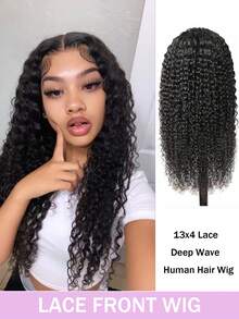 13x4 透明深波浪真人发全蕾丝前假发，180% 密度卷曲蕾丝前假发，带婴儿发的深波浪假发，自然黑 - Natural Black - 查看 2